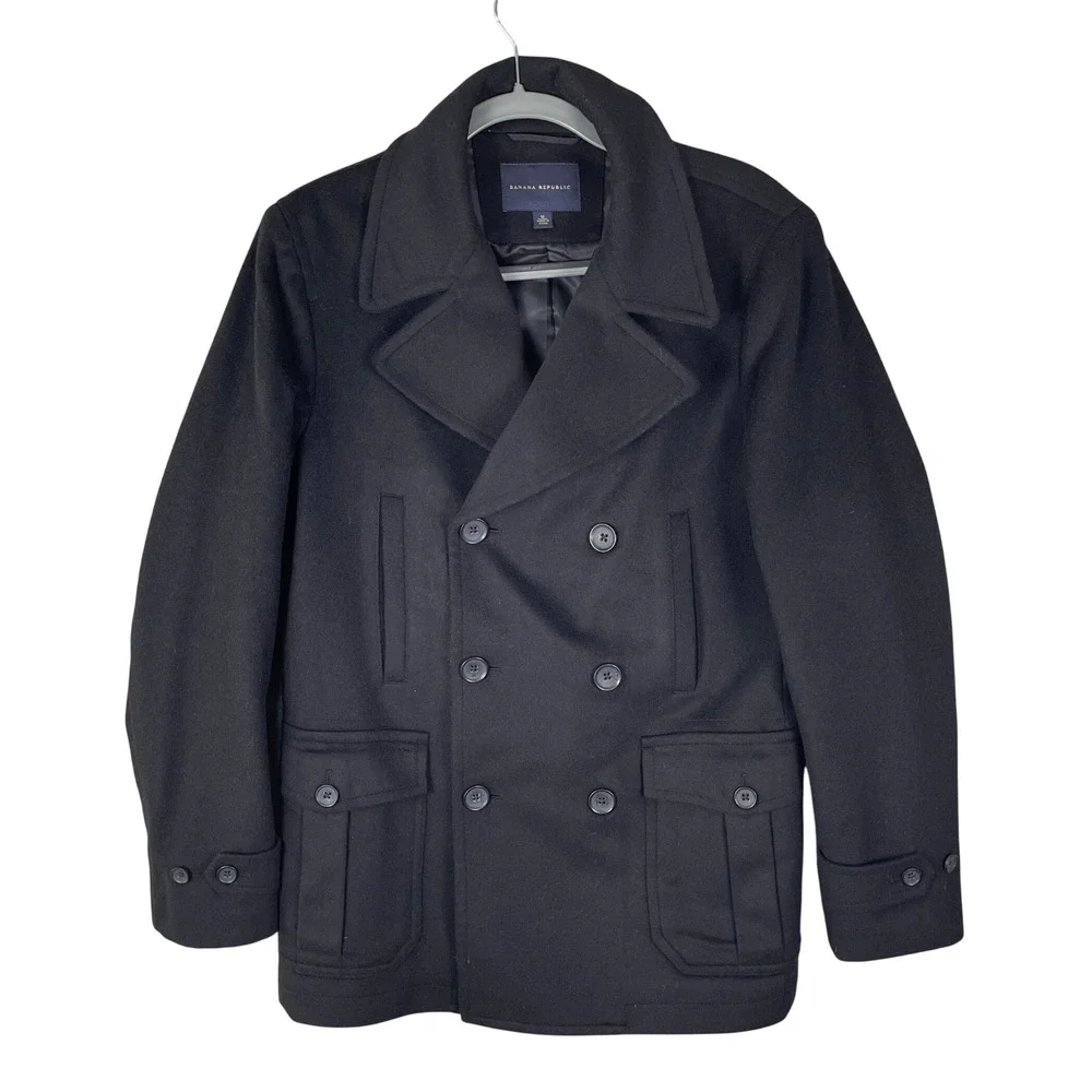 Banana Republic Peacoat Mens M Black Very Good Wool Blend Double Breasted 875034